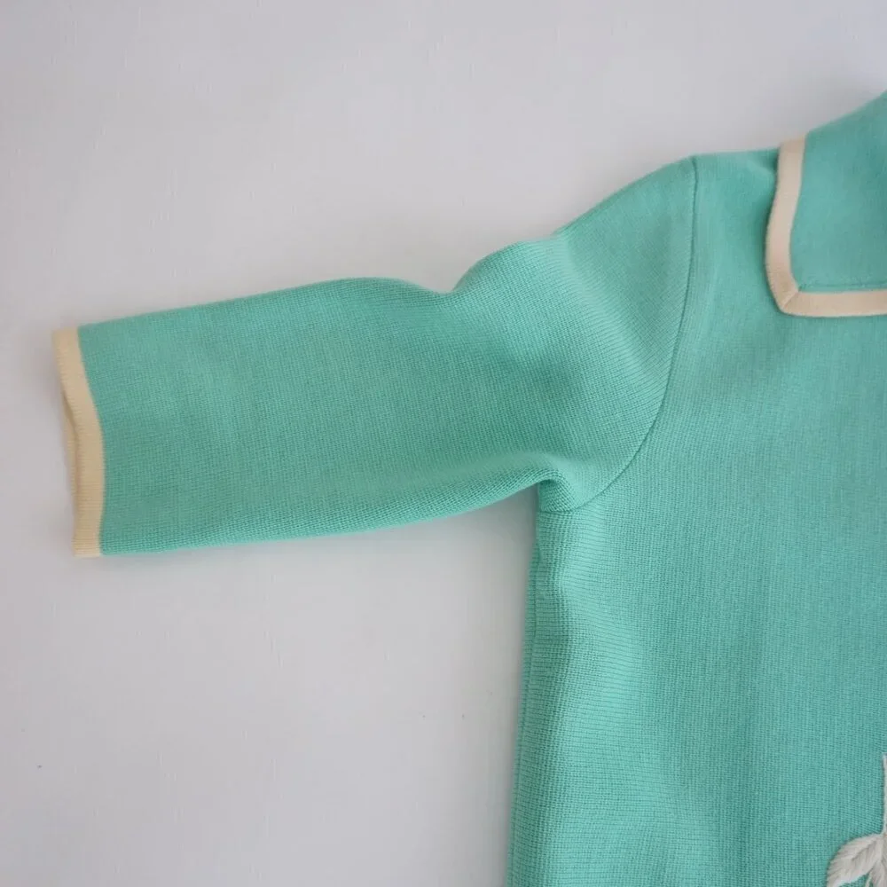 Vintage Teal w White Embroidered Floral Open Front Cardigan Sweater S - Picture 8 of 11